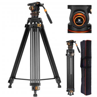 K&F Concept VA3+BV20 Fluid Head Videostativ 75.2"/1.91m med 10KG Belastningskapacitet, Professionelt Kamera Stativ til Videooptagelse