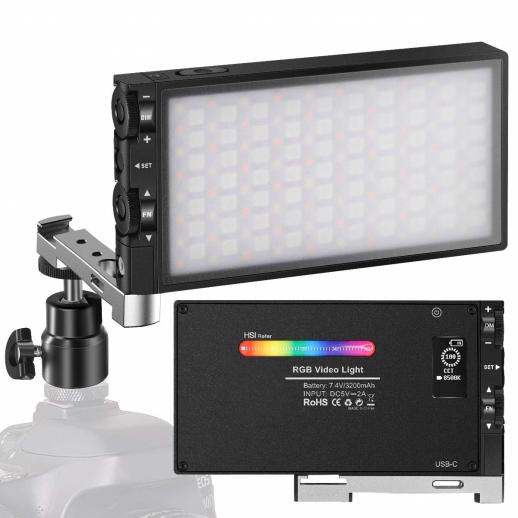 Luce di riempimento RGB a colori tascabile Batteria ricaricabile da 12 W incorporata Luce della fotocamera a LED 360 ° a colori 12 effetti di illuminazione comuni, CRI≥972500-8500K Luce video a pannello in lega di alluminio a LED