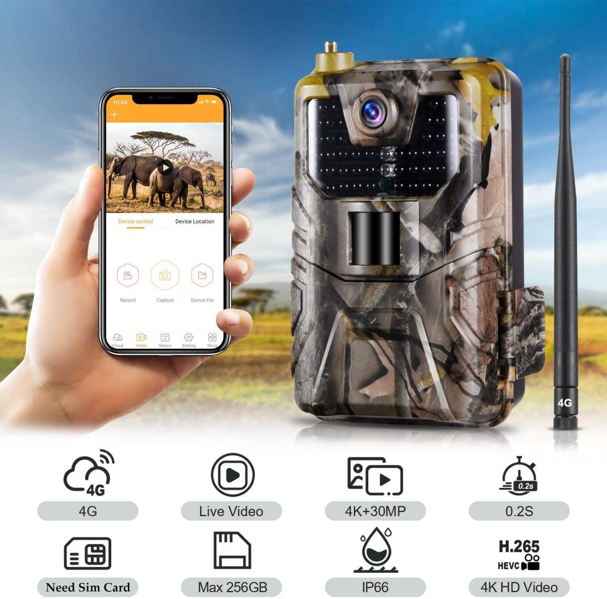 LTE 4G Cellular Trail Cameras Cámara inalámbrica de video en vivo de 30MP 4K - Tarjeta SIM gratuita