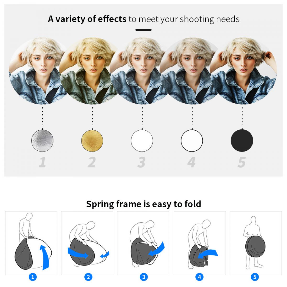 5 in 1 heijastimet 43"/110cm taitettava monilevyinen vyölaukku-läpikuultava, hopea, kulta, valkoinen ja musta valokuvaukseen studiovalaistus ulkovalaistus