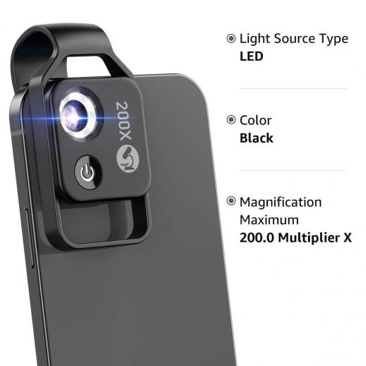 200X Phone Mini Pocket Microscope with LED Light,Rechargable Portable  Digital Microscope Camera Attachments,Easy Install,Universal Microscope  Clip