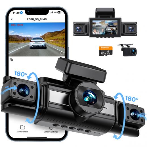 4 Canale Dash Cam, Vista a 360°, 2K Anteriore 1080P Posteriore Interno Sinistro Destro Telecamera Auto, Visione Notturna IR, WDR, WiFi 5G, Modalità Parcheggio 24H, G-Sensor, Cavo OBD Incluso, Kentfaith