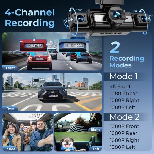 4 Canale Dash Cam, Vista a 360°, 2K Anteriore 1080P Posteriore Interno Sinistro Destro Telecamera Auto, Visione Notturna IR, WDR, WiFi 5G, Modalità Parcheggio 24H, G-Sensor, Cavo OBD Incluso, Kentfaith