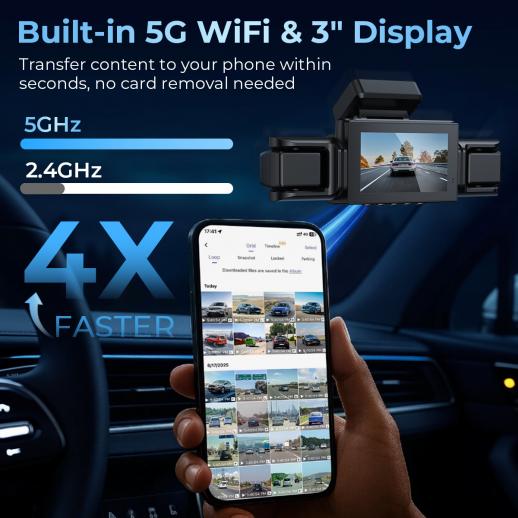 4 Canale Dash Cam, Vista a 360°, 2K Anteriore 1080P Posteriore Interno Sinistro Destro Telecamera Auto, Visione Notturna IR, WDR, WiFi 5G, Modalità Parcheggio 24H, G-Sensor, Cavo OBD Incluso, Kentfaith