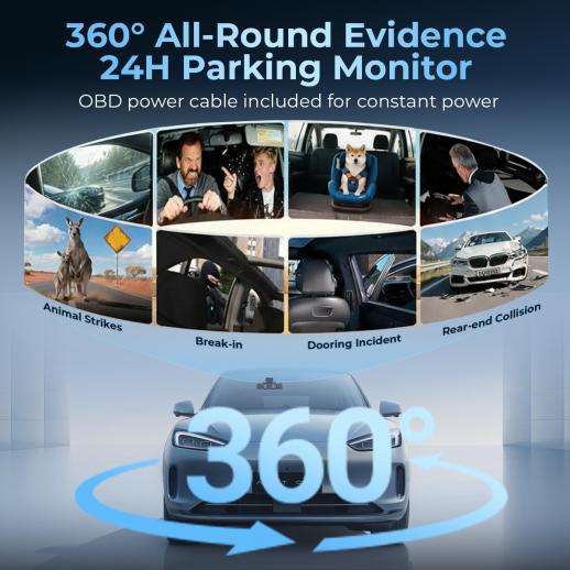 4 Canale Dash Cam, Vista a 360°, 2K Anteriore 1080P Posteriore Interno Sinistro Destro Telecamera Auto, Visione Notturna IR, WDR, WiFi 5G, Modalità Parcheggio 24H, G-Sensor, Cavo OBD Incluso, Kentfaith