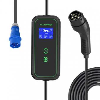 Electric vehicle charging cable, type 2 electric vehicle charger, CEE 3 PIN 32A plug, 32/24/20/16A adjustable current, with digital display, 7.6KW, 5M cable, with storage bag
