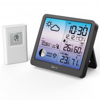 Wetterstation-Innen-Thermometer im Freien Großer LCD-Anzeige-Digital-Temperatur-Feuchtigkeitsmonitor, Wetterthermometer mit Kalender und automatischer Lichterkennungsfunktion
