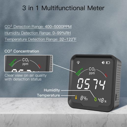 Détecteur de CO2 intelligent, moniteur de qualité de l'air intérieur,  détecteur de CO2 Ndir Sensor, détecteur d'air de température et d'humidité  d'alarme CO2, application Smart Life Tuya Digital CO2 meter - K&F
