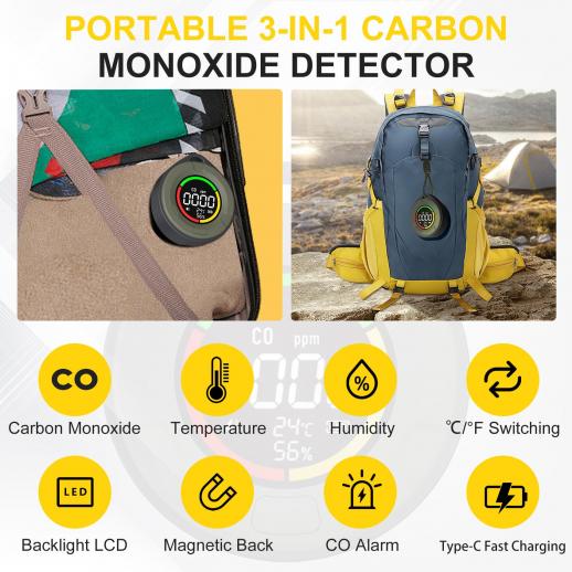 Détecteur de monoxyde de carbone portable détecteur de monoxyde de carbone  3 en 1, détecteur de