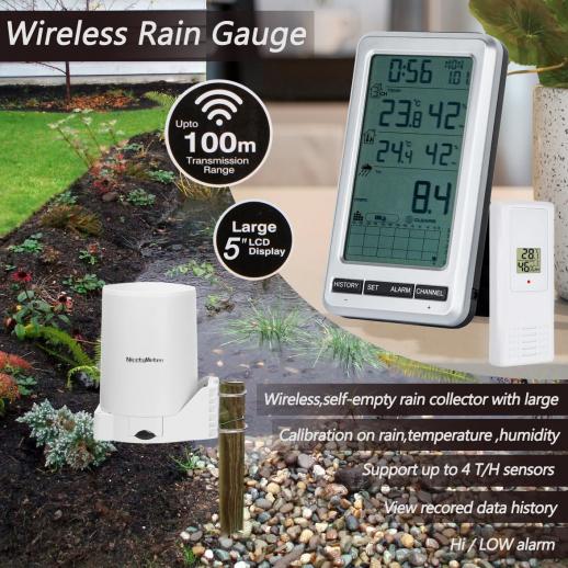 Pluviomètre numérique sans fil avec température intérieure et extérieure,  collecteur de pluie auto - vidange avec thermomètre de précision, station  météo avec grand écran, alarme de pluie - K&F Concept