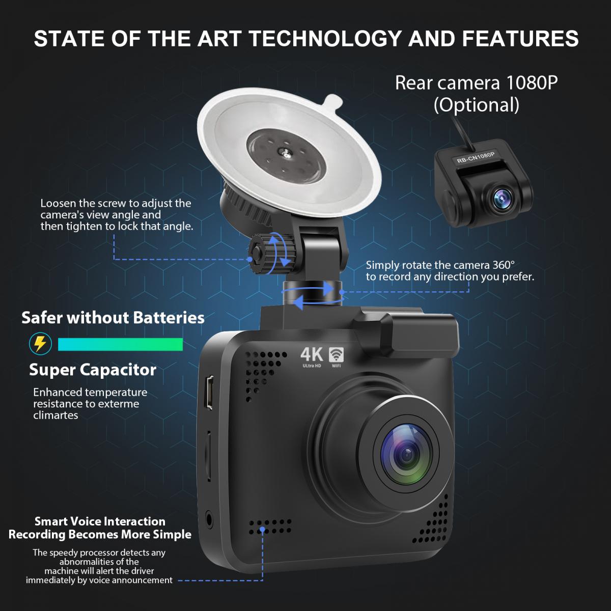 Caméra de tableau de bord de voiture Rove R2-4K - 4K Ultra HD 2160P - WiFi  & GPS