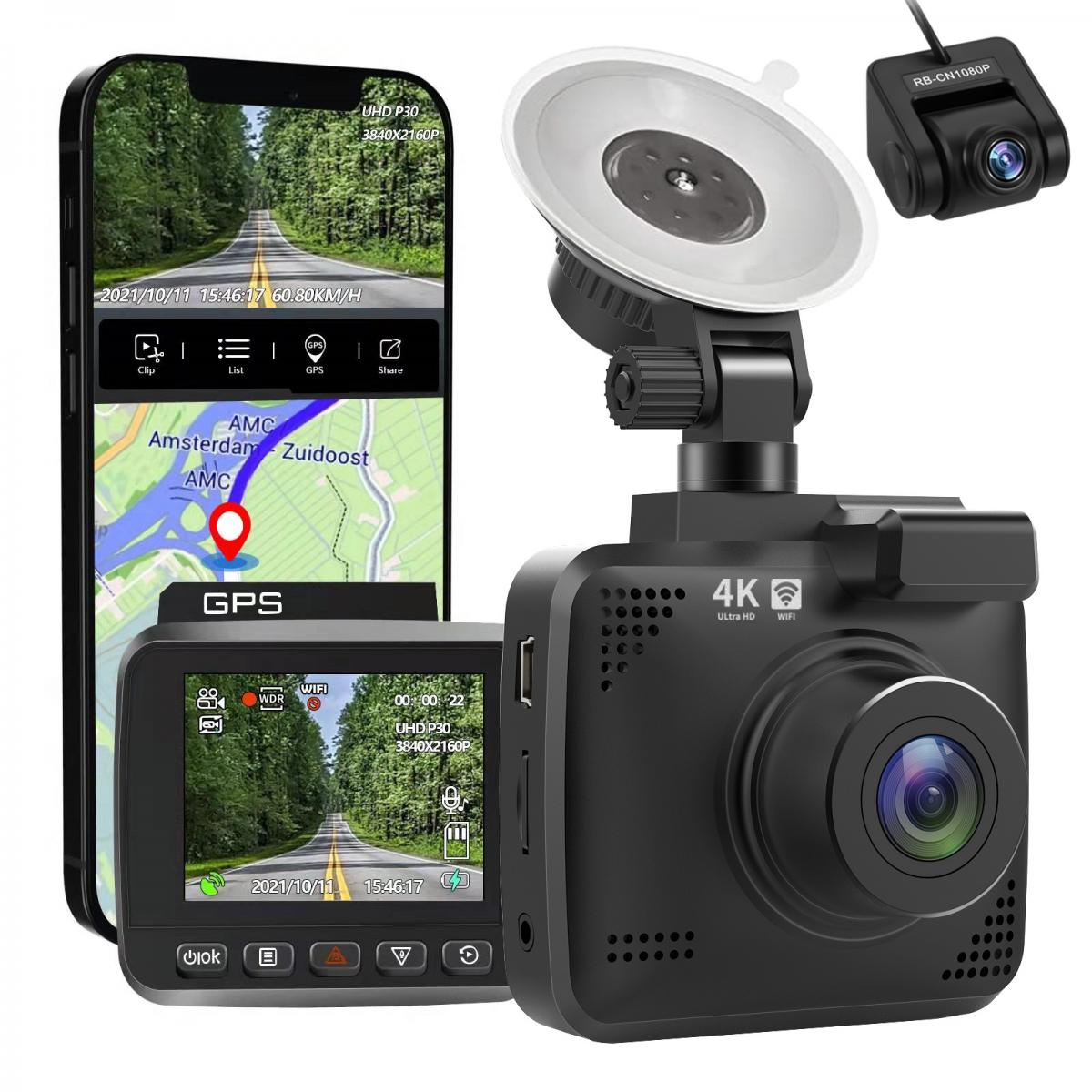 Enregistreur de voiture V53 3.0 IPS 4K HD avec angle d'enregistrement de  170° avec capteur G, GPS, WiFi, enregistrement en boucle, surveillance du  stationnement, vision nocturne (4K @ 3840*2160P) Double caméras 
