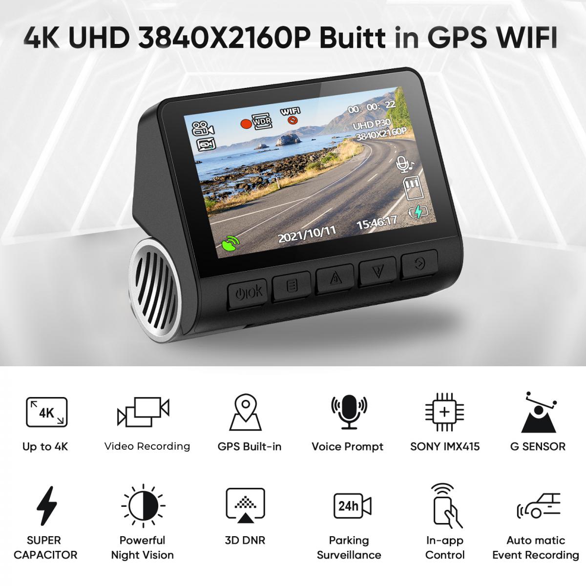 Enregistreur de conduite 4k, Wifi intégré, GPS, caméra de tableau de bord  de voiture, caméra de tableau de bord avec Vision nocturne, double caméra