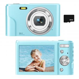 48MP Kinderkamera Autofokus mit 32GB Karte, Tragbare Kompaktkamera mit 16fachem Zoom für Kinder, Digitalkamera mit 1080p für Anfänger Kinder Jungen und Mädchen Studenten Erwachsene (Himmelblau)