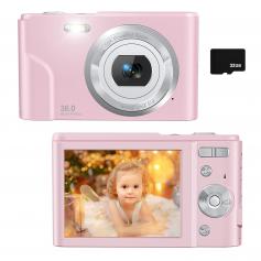 48MP Kinderkamera Autofokus mit 32GB Karte, Tragbare Kompaktkamera mit 16fachem Zoom für Kinder, Digitalkamera mit 1080p für Anfänger Kinder Jungen und Mädchen Studenten Erwachsene (Rosa)