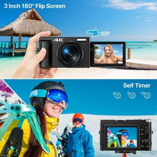 Cámara digital 4K para fotografía, enfoque automático 16X, cámara de  vlogging de 48MP con tarjeta SD de 32 GB, cámara compacta de pantalla  abatible de