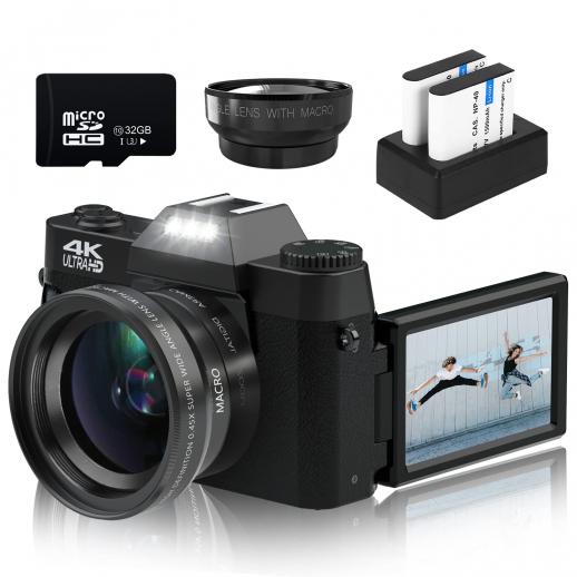 Digital camera for photography and video 4K 48MP video blog camera YouTube with 180° flip screen, 16x digital zoom, 52mm wide angle and macro lens, 32GB TF card, 2 fast batteries Black