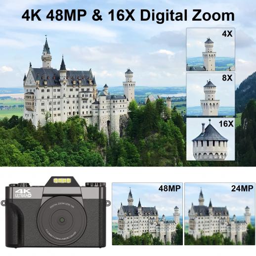 Appareil Photo numérique, CCN 4K 48MP avec 180° Flip 3.0 écran, 16X Zoom  numérique Appareil Photo Compact avec Objectif Grand Angle et Macro, 64GB  TF