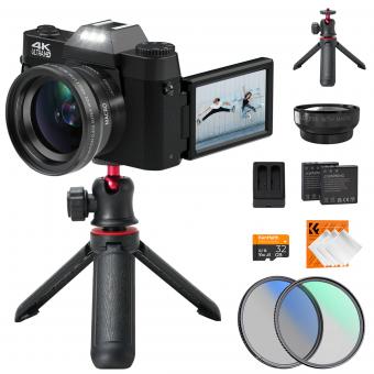 Digital Kamera for Fotografering & Video 4K 48MP Blog YouTube Med 180° Vippeskjerm, 16X Digital Zoom, 52mm Vidvinkel & Makro Linse, 52mm Black Mist 1/4 + CPL Filter Sett, Kamerastativ, Kentfaith