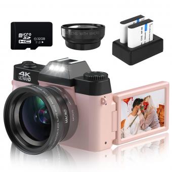 4K Digitalkamera für Fotografie und Video, 48MP Kompaktkamera mit 180° Klappbildschirm und 16-fachem Digitalzoom, Fotokamera mit 52mm Weitwinkel- und Makroobjektiv, 32GB TF Karte, 2 Batterien Pink