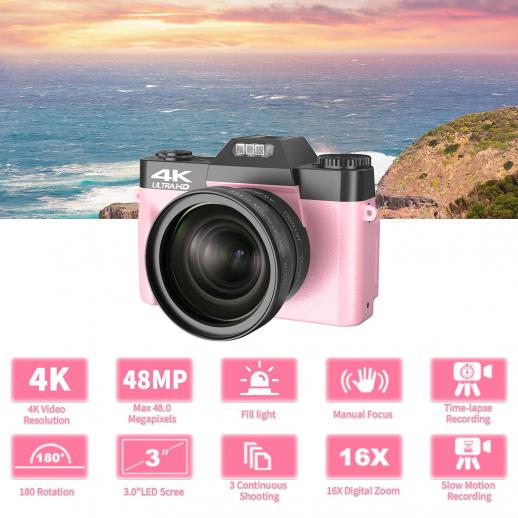 Cámara digital 4K para fotografía, enfoque automático 16X,  cámara de vlogging de 48MP con tarjeta SD de 32 GB, cámara compacta de  pantalla abatible de 180 ° de 3 pulgadas, 2 baterías : Electrónica