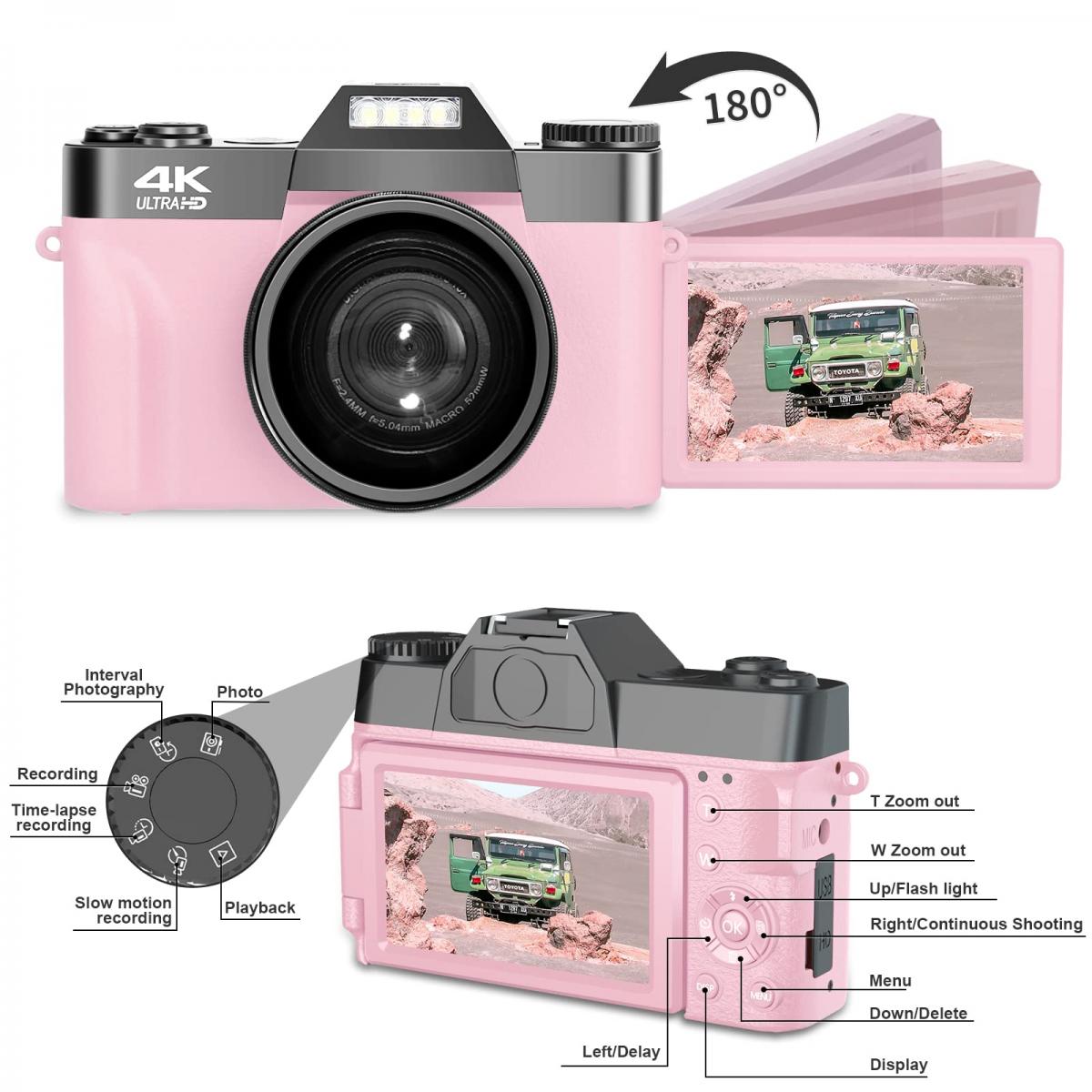 Digitalkamera 75MP 5K Mit WiFi & 18x Zoom - Inklusive 64GB Karte Für Einsteiger (Pink)