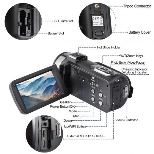 Videocámara digital 4K Ultra HD, 18 x 3 pulgadas, 30 MP, pantalla táctil  IPS a color, cámara digital de 18 x Zoom para PC, grabación de video,  cámara