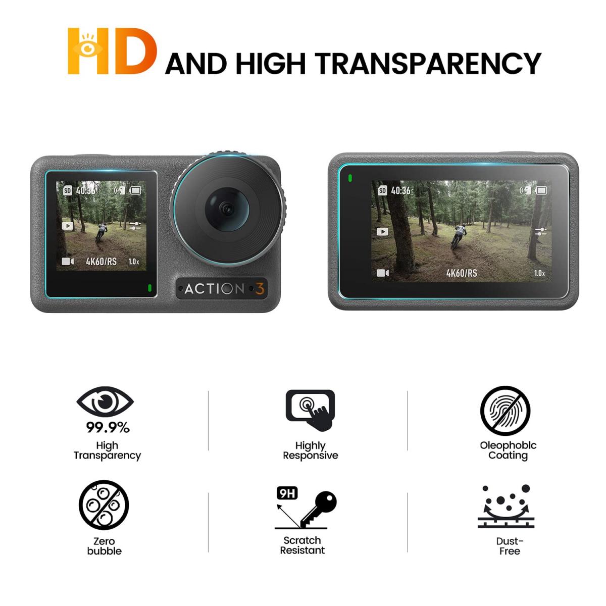 Supfoto Osmo Action 3 Proteggi Schermo per DJI Osmo Action 3 Accessori, Pellicola Proteggi Schermo in Vetro Temperato 9H + Proteggi Obiettivo per DJI Osmo 3 Doppio Schermo [6 Pezzi]