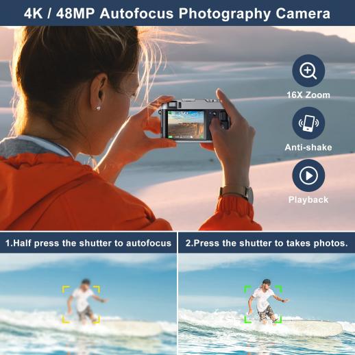 Digital Camera for beginners 48MP Vlogging Camera for  4K 16X Digital  Zoom Vlog Camera with SD Card, 2 Batteries, Viewfinder & Mode Dial -  KENTFAITH