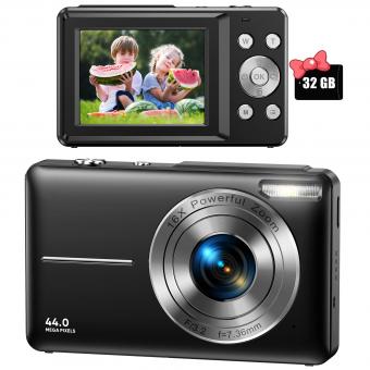 Cámara infantil, cámara digital infantil FHD 1080p, zoom digital 16x con tarjeta SD de 32 gb, cámara compacta de toma de puntos, pequeña cámara portátil para jóvenes estudiantes, niños, niñas y ancianos (negra)