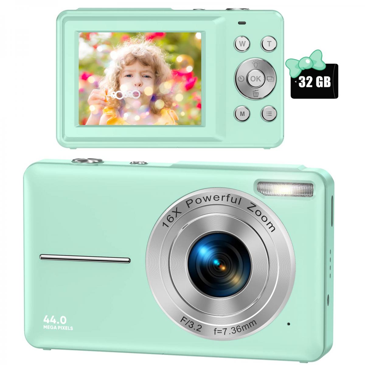 Cámara infantil, cámara digital infantil FHD 1080p, zoom digital 16x con  tarjeta SD de 32 gb, cámara compacta de toma de puntos, pequeña cámara  portátil para jóvenes estudiantes, niños, niñas y ancianos (
