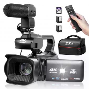 Caméra ultra HD 4K avec zoom numérique 18X, caméscope numérique 64mp, écran tactile rotatif de 4,0 pouces, microphone, télécommande, carte SD 64gb, deux batteries (noir)