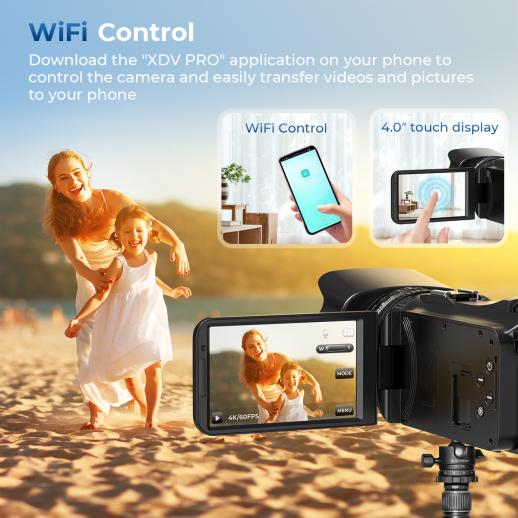 Caméra ultra HD 4K avec zoom numérique 18X, caméscope numérique 64mp, écran  tactile rotatif de 4,0 pouces, microphone, télécommande, carte SD 64gb,  deux batteries (noir) - K&F Concept