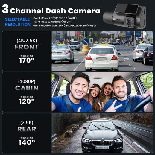 3-Kanal 4K Dash Cam, WiFi Dual Dash Kamera für Autos, 3-Kanal Dash