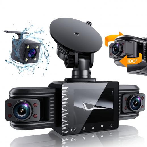 Dash Cam 3 Canali Anteriore e Posteriore Interno 3 Canali 1080P, Obiettivo  Regolabile Dash Cam per