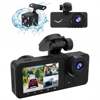 3 Channel Dash Cam Front and Rear Inside,1080P Full HD 170 Deg Wide Angle Dashboard Camera,2.0 inch IPS Screen,Built in IR Night Vision,G-Sensor,Loop Recording,24H Parking Recording.
