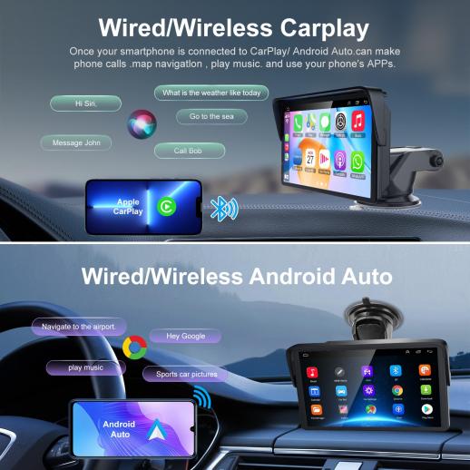 Schermo portatile Apple Carplay per auto, 7 pollici IPS Touchscreen Auto  Stereo Supporto senza fili Carplay & Android Auto, AirPlay, Bluetooth,  Mirror Link/Mic/TF/USB/AUX per tutti i veicoli - K&F Concept