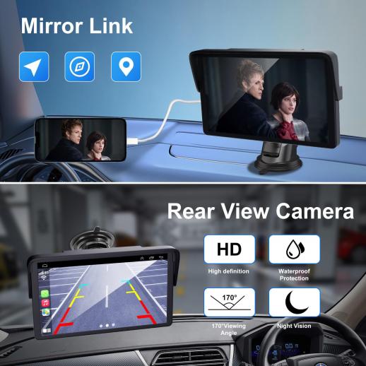 Tragbarer Apple Carplay-Bildschirm für Auto, 7 Zoll IPS-Touchscreen,  Auto-Stereo-Unterstützung, kabelloses Carplay und Android Auto, AirPlay,  Bluetooth, Spiegel Link/Mikrofon/TF/USB/AUX für alle Fahrzeuge - KENTFAITH