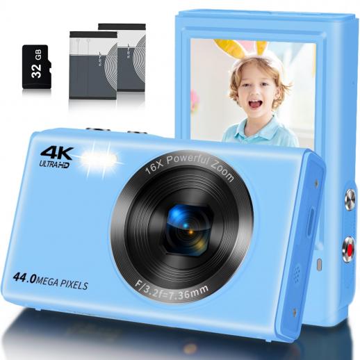 Appareil photo numérique, appareil photo fhd pour enfants, appareil photo  4K 44mp compact Fool pour enfants, adolescents et débutants avec carte SD  32gb, zoom numérique 16x, 2 piles rechargeables blanches - K&F Concept