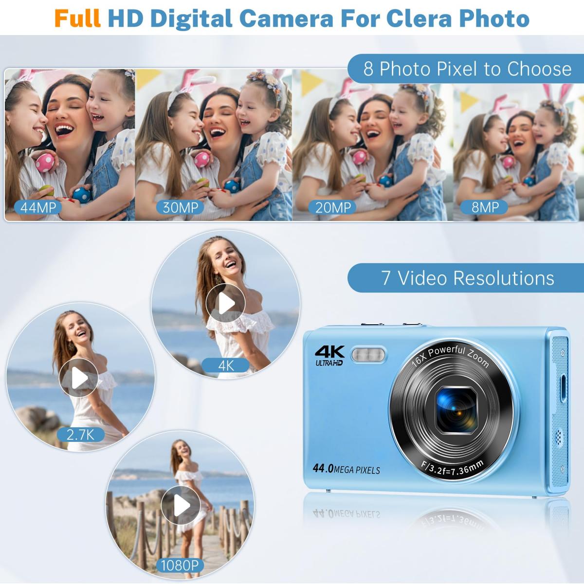 Digital Camera, FHD Kids Cameras for Photography, 4K 44MP Compact Point