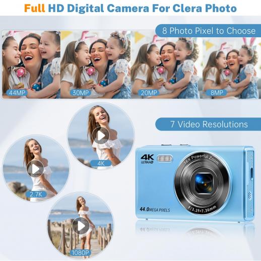 Cámara digital, cámara para niños fhd, cámara compacta para tontos 4k 44mp  para niños blancos, adolescentes y principiantes, con tarjeta SD de 32 gb