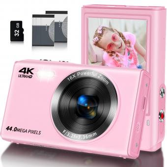 Digitalkamera, FHD Kinderkameras für Fotografie, 4K 44MP Kompaktpunkt- und Aufnahmekamera für Kinder, Teens/Anfänger mit 32GB SD-Karte, 16X Digitalzoom, 2 wiederaufladbare Batterien-Weiß