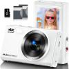 Câmera Digital, Câmera FHD Kids para Fotografia, 4K 44MP Compacta Point and Shoot Camera para Crianças, Adolescentes e Iniciantes com Cartão SD de 32GB,Zoom Digital 16X, 2 Baterias Recarregáveis-Branco