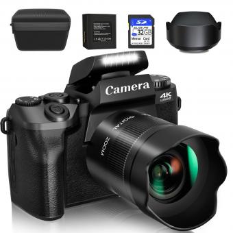 Cámara digital 4k para fotografía y vídeo, Cámara vlogging de pantalla táctil WiFi 64mp para youtube, con flash, tarjeta SD de 32 gb, tapa de lente, batería de 3000mah, cámara delantera y trasera - Negra