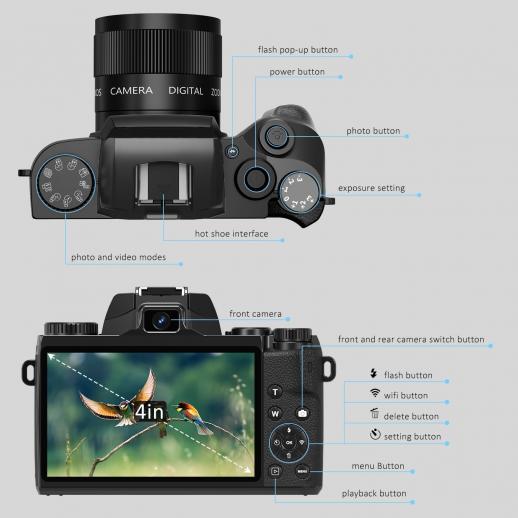 Appareil photo numérique 4K pour la photographie et la vidéo 64mp wifi  écran tactile vlogging appareil photo pour  avec flash 32gb carte SD