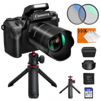 Oppgradert 4K 64MP Digitalkamera for Fotografibegynnere, Video, YouTube Vlog, 4-tommers WiFi Touchskjerm med Blits, Linsepose, 52mm Black Mist 1/4 + CPL Filter, Kamerastativ, 3000mAH Batteri, Kentfaith