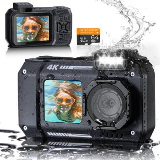 33FT Underwater Camera 4K 48MP Waterproof Camera with 64GB Card Autofocus Dual-Screen Selfie Underwater Digital Camera for Snorkeling Diving