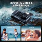 33ft/10m vanntett kamera 4K 48MP HD-bilder og -videoer med dobbelskjerm for snorkling, surfing, svømming, vanntett kamera for barn, voksne, inkluderer EVA-oppbevaringsetui og stativ, svart