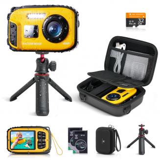 Fotocamera Digitale Impermeabile per Bambini 5m Sott'acqua 48MP, per Snorkeling Nuoto, Include Custodia EVA & Treppiede Kentfaith