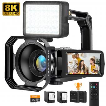 8K Camcorder, 64MP Photos, WiFi Connect, 2 Batteries, Remote Control, 64GB Card, Kentfaith